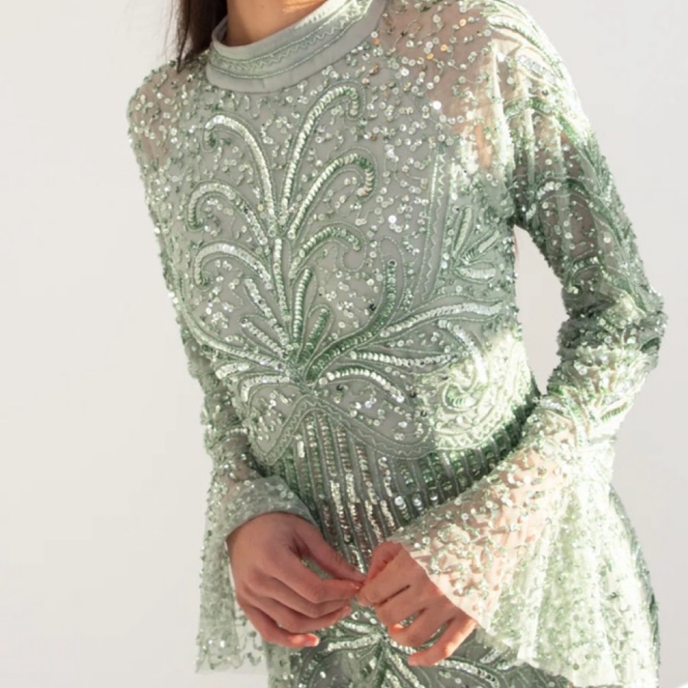 Shimmi Dresses Sage Sequin Evening Dress with Flare Sleeves